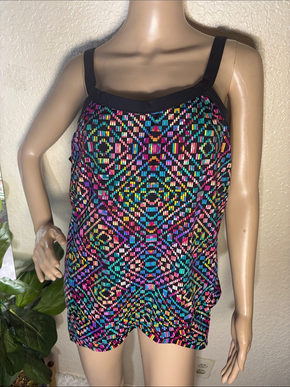 Geometric Multicolor swimsuit top with Black Trim